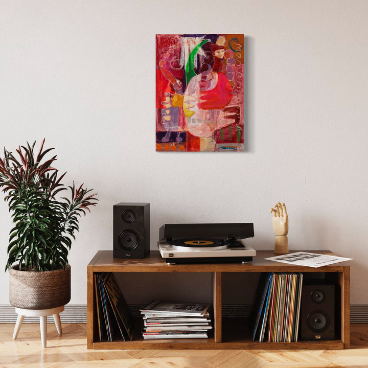 The artwork 'Playing Four' by Jennifer Levine features vibrant abstract composition with bold red backgrounds layered with geometric shapes and curved forms. Expressive brushstrokes in pink, green, and white create dynamic movement across the canvas paper. The mixed media piece combines acrylic paint and oil stick techniques, resulting in rich textural elements and energetic mark-making.