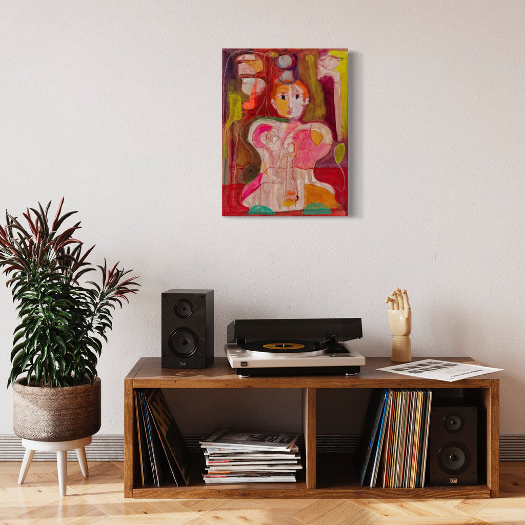 The artwork 'Playing Five' by Jennifer Levine features abstract figurative shapes in vibrant pink, red, and brown hues created with acrylic and oil stick on canvas paper. Bold brushstrokes and expressive lines form a dynamic composition against warm tones, measuring 24x18 inches. The contemporary piece showcases a modern, expressionist style with layered textures and gestural marks.