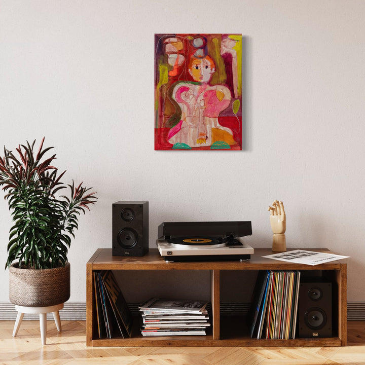 The artwork 'Playing Five' by Jennifer Levine features abstract figurative shapes in vibrant pink, red, and brown hues created with acrylic and oil stick on canvas paper. Bold brushstrokes and expressive lines form a dynamic composition against warm tones, measuring 24x18 inches. The contemporary piece showcases a modern, expressionist style with layered textures and gestural marks.