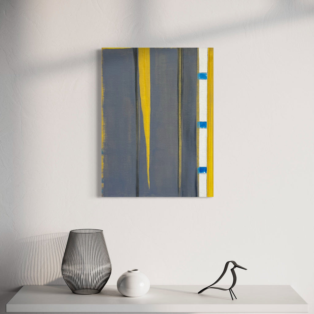 The artwork 'Interstices (blue notches)' by Cora Jane Glasser features vertical bands of muted gray and vibrant yellow, with three small bright blue rectangular accents along the right edge. The oil and wax-based pencil on linen creates subtle textural variations against the minimalist geometric composition. By Cora Jane Glasser.