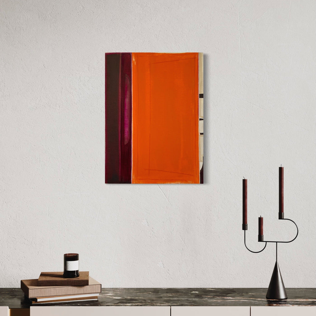 The artwork 'Interstices' by Cora Jane Glasser features bold geometric color blocks in burnt orange and deep burgundy, created with oil and wax-based pencil on linen. The minimalist composition displays a striking vertical division between colors, emphasizing negative space and architectural elements, mounted on a cradled wood panel, measuring 24x18 inches.