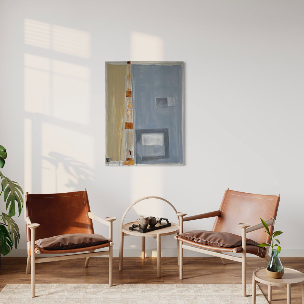 The artwork 'Interstices (red sign)' by Cora Jane Glasser features minimalist geometric composition with vertical bands in muted tones of blue-grey and beige, accented by striking red rectangular elements. Created with oil and wax-based pencil on stretched linen, the abstract piece creates subtle spatial depth through intersecting forms. Displayed in modern interior setting.