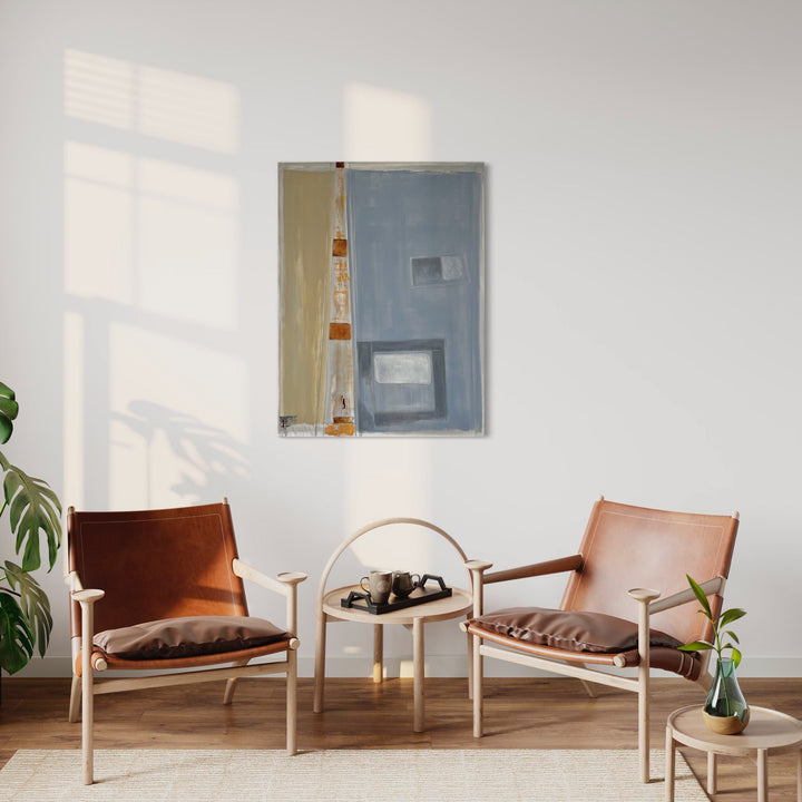 The artwork 'Interstices (red sign)' by Cora Jane Glasser features minimalist geometric composition with vertical bands in muted tones of blue-grey and beige, accented by striking red rectangular elements. Created with oil and wax-based pencil on stretched linen, the abstract piece creates subtle spatial depth through intersecting forms. Displayed in modern interior setting.