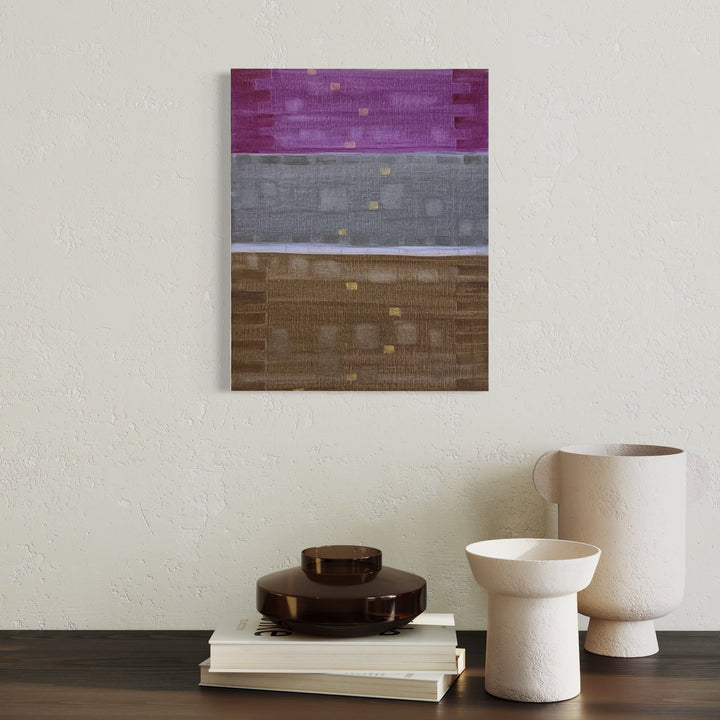 The artwork 'Light A Candle-9' by Cora Jane Glasser features three horizontal bands of color in purple, gray, and brown tones, with subtle textural brushwork and small golden flecks scattered throughout. Oil on linen mounted on wood panel, the abstract composition demonstrates minimalist style with rich, earthy colors and geometric precision. By Cora Jane Glasser.