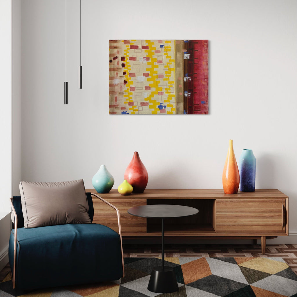 The artwork 'Light A Candle-5' by Cora Jane Glasser features geometric patterns with vibrant yellow zigzag lines against a cream background, accented with burgundy squares and scattered blue elements. Abstract oil painting on linen showcasing a modern minimalist style with vertical composition and textural brushwork. 30x40 inches by Cora Jane Glasser.