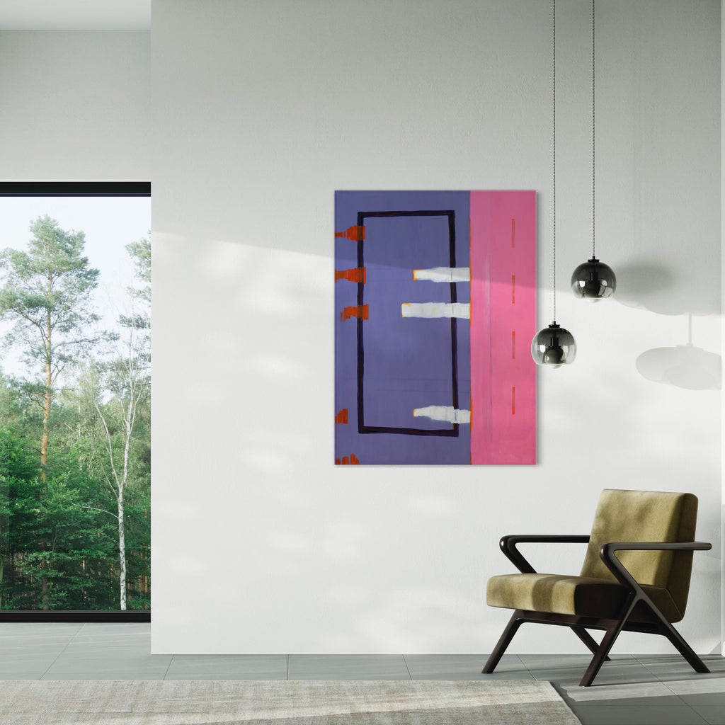 The artwork 'Sunrise in the West -20' by Cora Jane Glasser features a geometric abstract composition with a striking purple rectangular frame bordered by red accents, complemented by white horizontal elements against a vibrant pink background. Created using oil and wax pastel on Arches paper, the piece showcases minimalist design elements with bold color blocking.