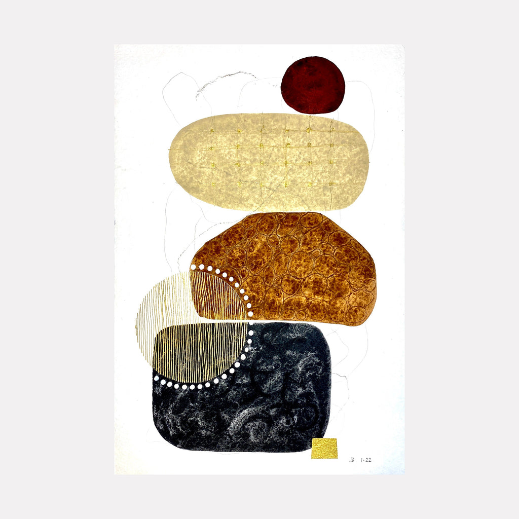 The artwork 'A Fine Balance' by Jocelyn Benford features abstract organic shapes in rich earth tones. A deep burgundy circle crowns a golden oval, followed by a textured rust-colored form and a black stone-like shape. Fine linear details and white dotted patterns create movement and contrast. Watercolor and mixed media on paper, 24x18 inches.