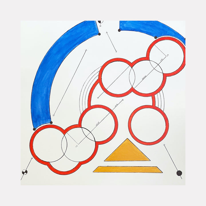 The artwork 'La Folie Douce' by Gauthier Denoyelle features geometric abstract composition with red circular rings arranged in a cascading pattern, complemented by a blue curved arc and orange triangular shapes. Fine black lines intersect the white canvas, creating dynamic movement and spatial depth. Marker and acrylic on stretched canvas.