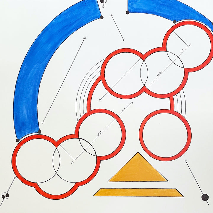 The artwork 'La Folie Douce' by Gauthier Denoyelle features a geometric abstract composition with interconnected red circles arranged in a flowing pattern, complemented by a bold blue curved arc and two yellow triangular shapes. Black line drawings and markers create subtle connections across the white canvas, expressing a minimalist yet dynamic design.