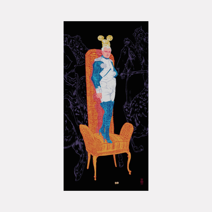 A surreal art print featuring a person in a white and blue outfit with a gold mouse-head hat, seated in a tall wicker armchair against a black background with dark blue shadowy figures.