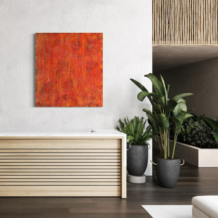 The artwork 'Love and Anger' by Seren Morey features a vibrant orange-red textured surface created with encaustic medium on panel. The piece showcases a rich, dimensional pattern with subtle variations in tone and depth, creating an intense, passionate abstract composition measuring 66 by 60 inches - by Seren Morey.