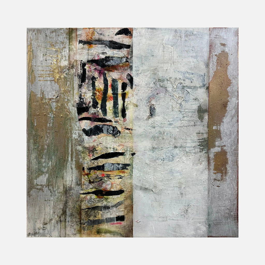 The artwork "PERHAPS I SHALL BE THE SNOW" features a textured abstract composition with vertical panels in muted tones of beige, gray, white, and hints of gold and pink. The central panel includes bold black brushstrokes and layered patterns, creating a sense of depth and movement. This piece by Barbara Groh captures a contemplative, layered aesthetic.