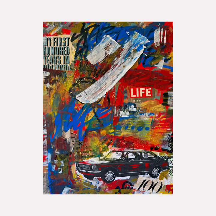 First 100 Years by Tiff Urquhart is a Curina art piece showcasing vibrant red, blue, yellow, and white brushstrokes layered with collage elements including vintage car imagery and text fragments, creating a dynamic, abstract composition that evokes a nostalgic yet energetic narrative.