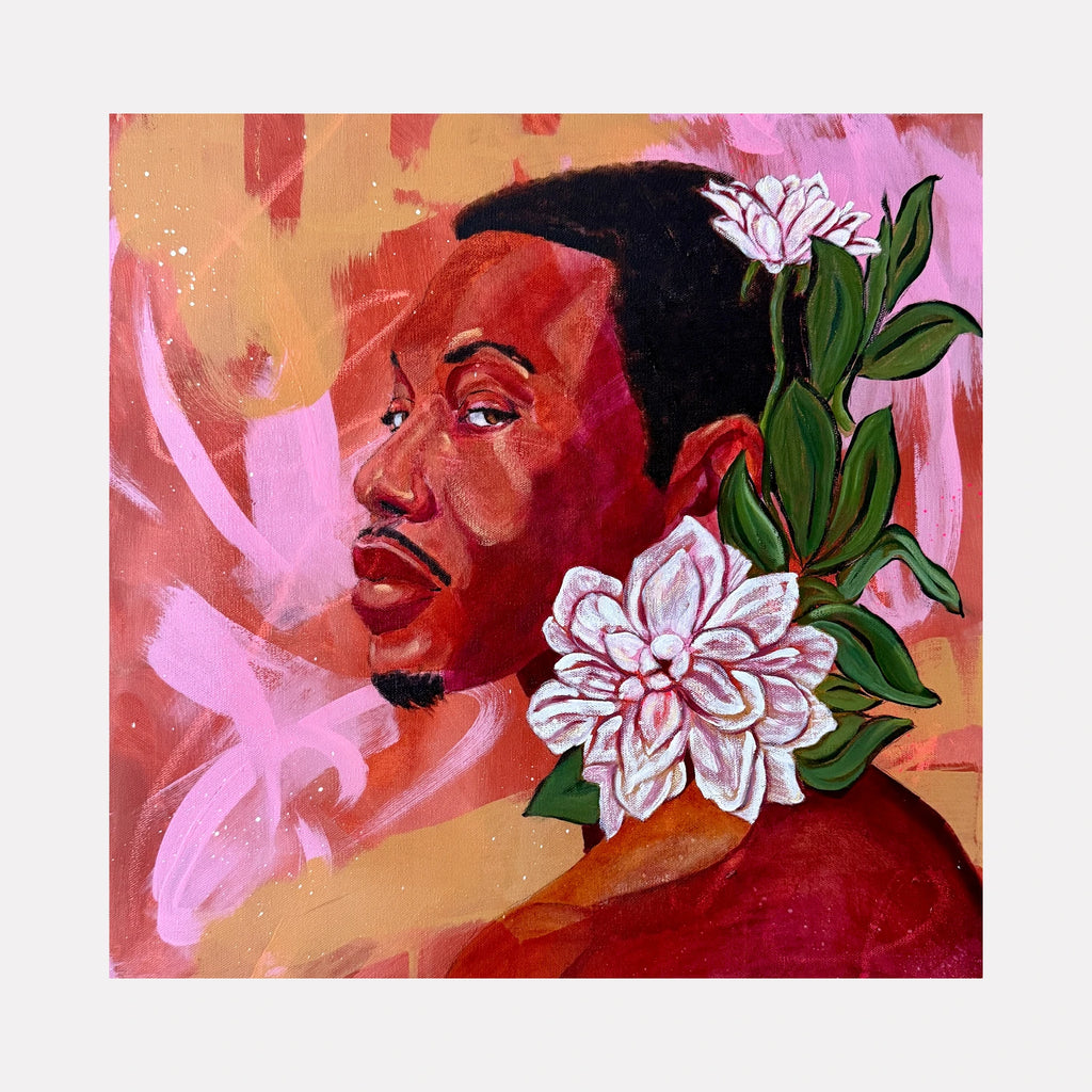 Beyond by Chanelle René depicts a thoughtful portrait of a man with deep brown tones, surrounded by lush green leaves and large white flowers, set against a warm backdrop blending soft pink and earthy hues in a distinctive Curina art style.