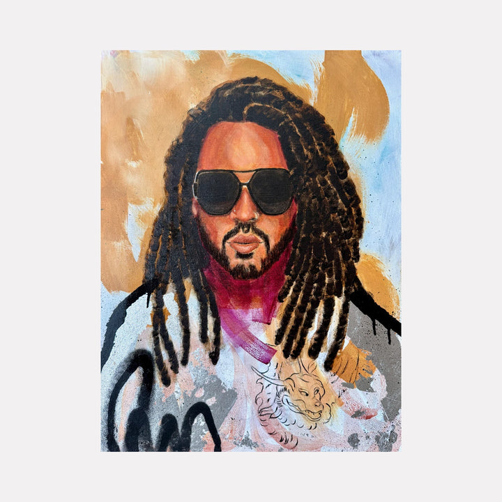 Raise Your Vibration by Chanelle René is a Curina art piece showcasing a dignified Black man with long dreadlocks and sunglasses against a warm, abstract background, combining bold brushstrokes and layered textures in a modern portrait celebrating strength and style.