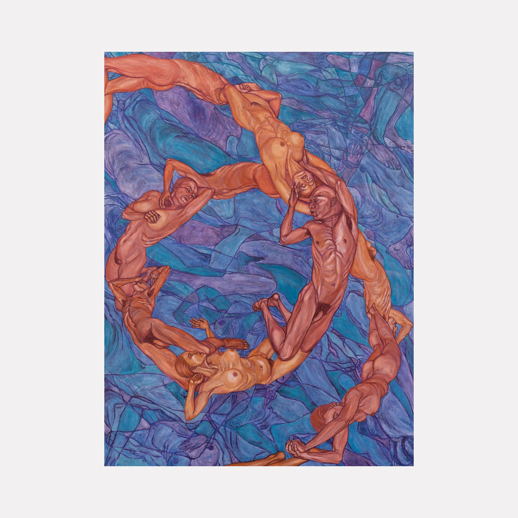 A Red Song in the Night by Sol Kjok is a Curina art piece depicting intertwined nude figures forming a circular shape against a swirling blue and purple abstract background, blending dynamic human forms with fluid, expressive brushstrokes in a rhythmic composition.