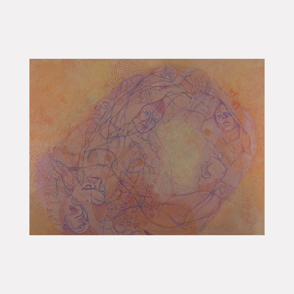 Sound Shapes 6 (Curlicue) by Sol Kjok is a Curina art piece featuring a delicate tangle of human figures drawn in fine purple lines over a warm, textured background of soft oranges and peaches, blending ethereal forms with subtle, organic patterns.