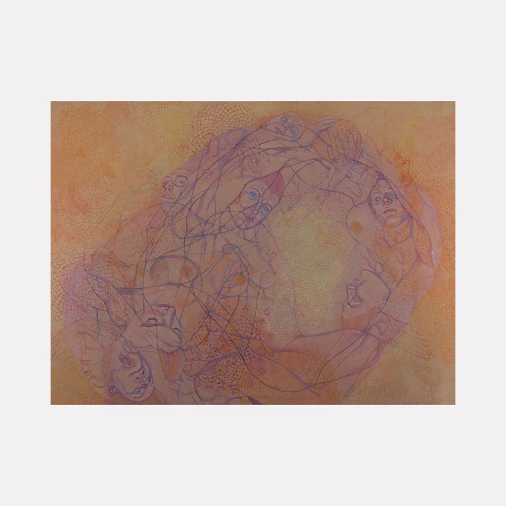 Sound Shapes 6 (Curlicue) by Sol Kjok is a Curina art piece featuring a delicate tangle of human figures drawn in fine purple lines over a warm, textured background of soft oranges and peaches, blending ethereal forms with subtle, organic patterns.
