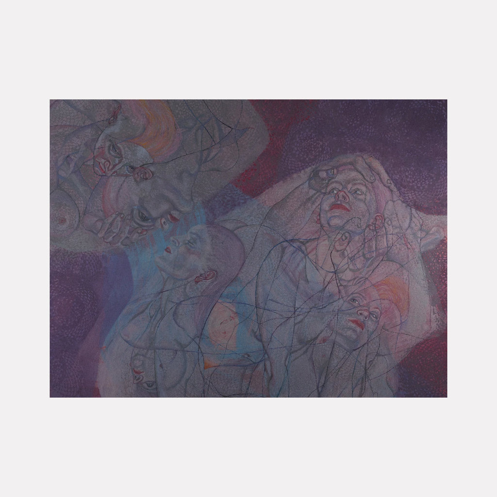 Sound Shapes 7 (you and Me Both) by Sol Kjok is a Curina art piece featuring layered, intertwined human figures in muted purples and blues with subtle orange accents, expressed through delicate line work and translucent overlapping forms conveying complex emotional interplay.