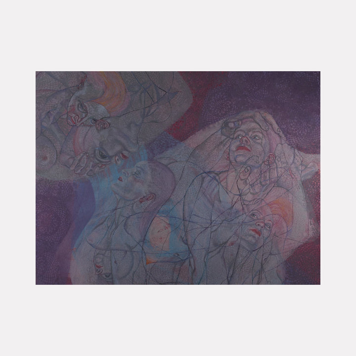 Sound Shapes 7 (you and Me Both) by Sol Kjok is a Curina art piece featuring layered, intertwined human figures in muted purples and blues with subtle orange accents, expressed through delicate line work and translucent overlapping forms conveying complex emotional interplay.