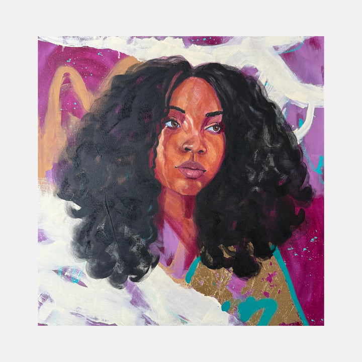 Don't Keep Me Waiting by Chanelle René is a Curina art piece depicting a contemplative Black woman with voluminous curly hair against an abstract purple and white background, blending expressive brushstrokes and vibrant colors in a modern, emotive portrait.