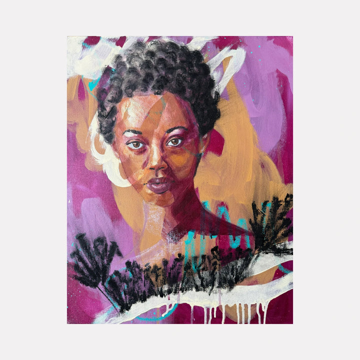 Seeking You by Chanelle René portrays a contemplative portrait of a woman with textured curls, set against a vivid background of abstract purples, golds, and whites, blending expressive brushstrokes and modern Curina art influences in a striking, emotive composition.
