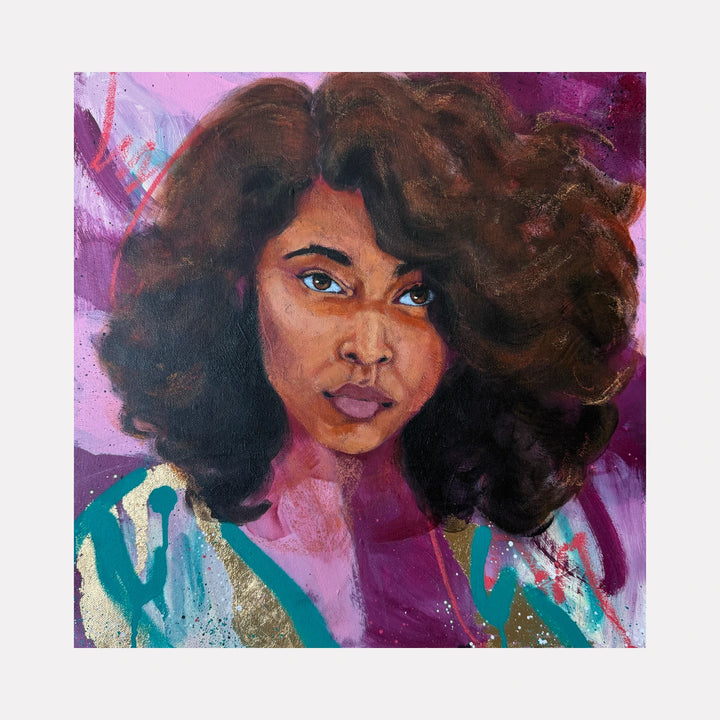 Mystical by Chanelle René is a Curina art piece portraying a woman with thick, voluminous dark hair against a vibrant backdrop of purples, pinks, and teal brushstrokes, blending expressive textures and a contemplative gaze in a richly emotive modern portrait.