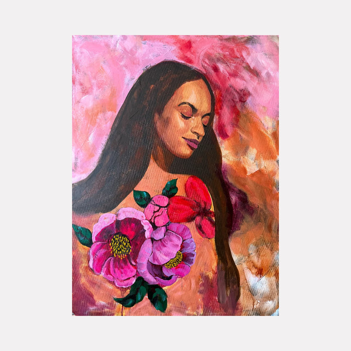 Within Reach by Chanelle René features a serene woman with long dark hair, eyes closed in peaceful reflection, surrounded by vibrant pink and red flowers set against a warm, textured background, blending soft natural elements with intimate portraiture in a Curina art style.