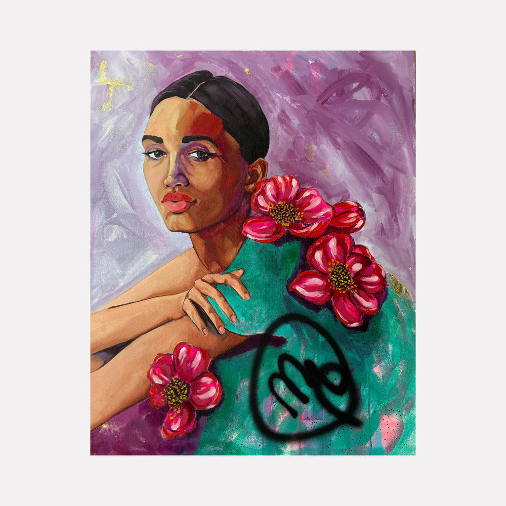 A Beautiful Mess by Chanelle René shows a poised woman with sleek dark hair gazing forward, enveloped in vivid pink flowers and a teal garment, set against a swirling lavender background, blending expressive brushwork with Curina art’s emotive portrait style.