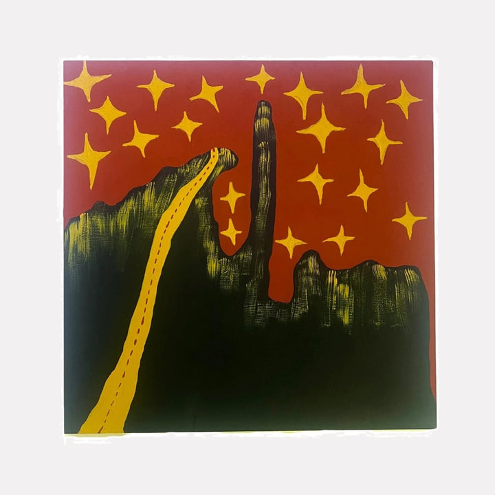 Road to the Stars by Sunny Chapman is a Curina art piece featuring a stylized dark green mountain silhouette with a yellow road leading upward beneath a vivid red sky filled with bright, abstract golden star shapes, creating a bold and imaginative nighttime landscape.