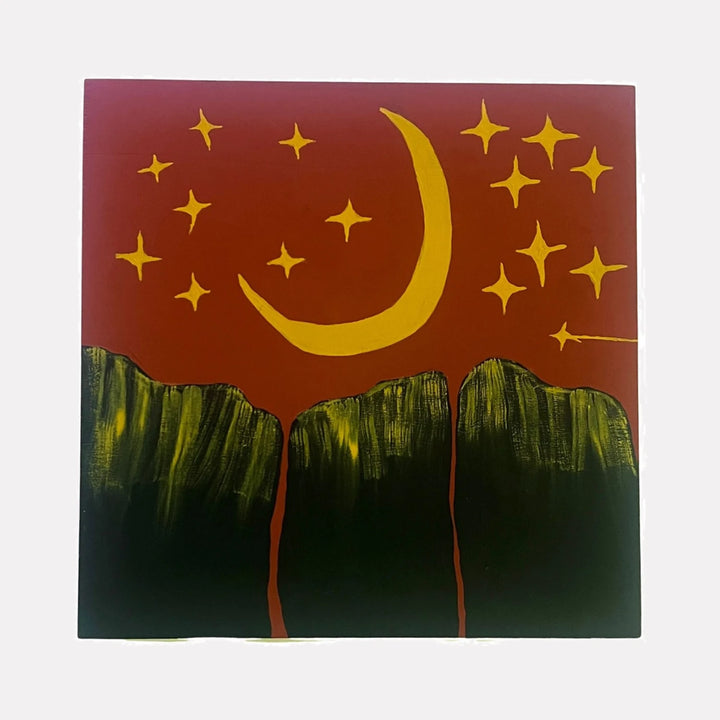 Buttes Under The Stars by Sunny Chapman is a Curina art piece depicting dark green buttes beneath a deep red sky, accented by a stylized golden crescent moon and scattered star shapes, creating a serene and abstract nighttime landscape with bold, contrasting colors.