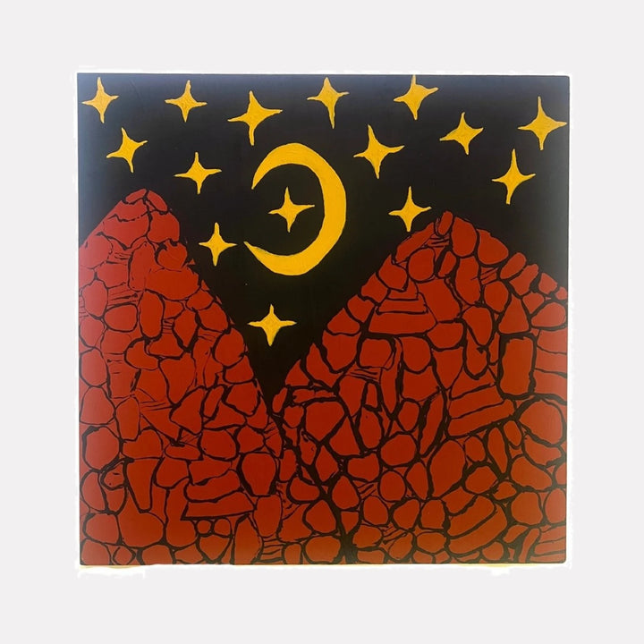 Mountain Moon by Sunny Chapman is a Curina art piece featuring two textured red mountains beneath a golden crescent moon and scattered golden stars against a deep black sky, creating a bold, stylized nighttime landscape with strong contrast and simplified shapes.