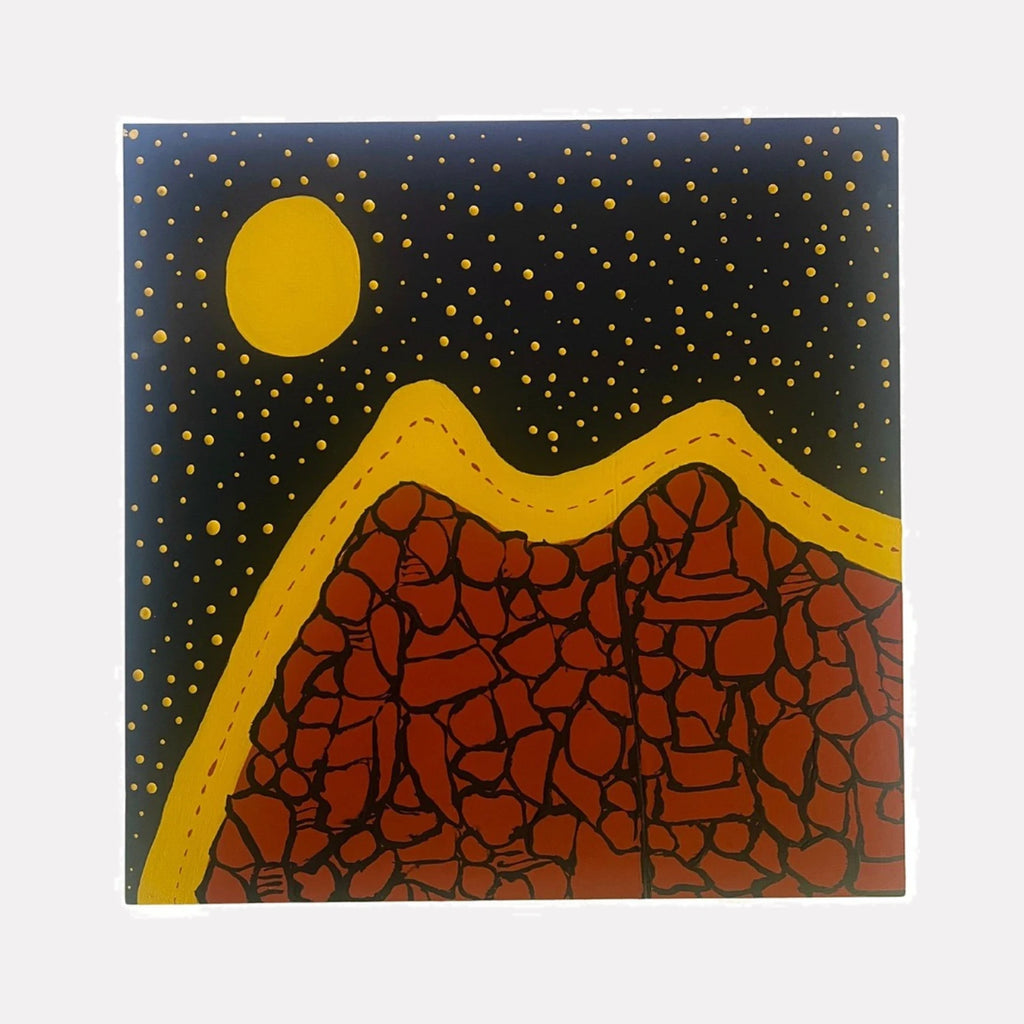Mountain Moon Road by Sunny Chapman depicts a stylized rocky mountain under a golden moon and a star-filled dark sky, blending bold lines and warm tones to create a striking Curina art composition.
