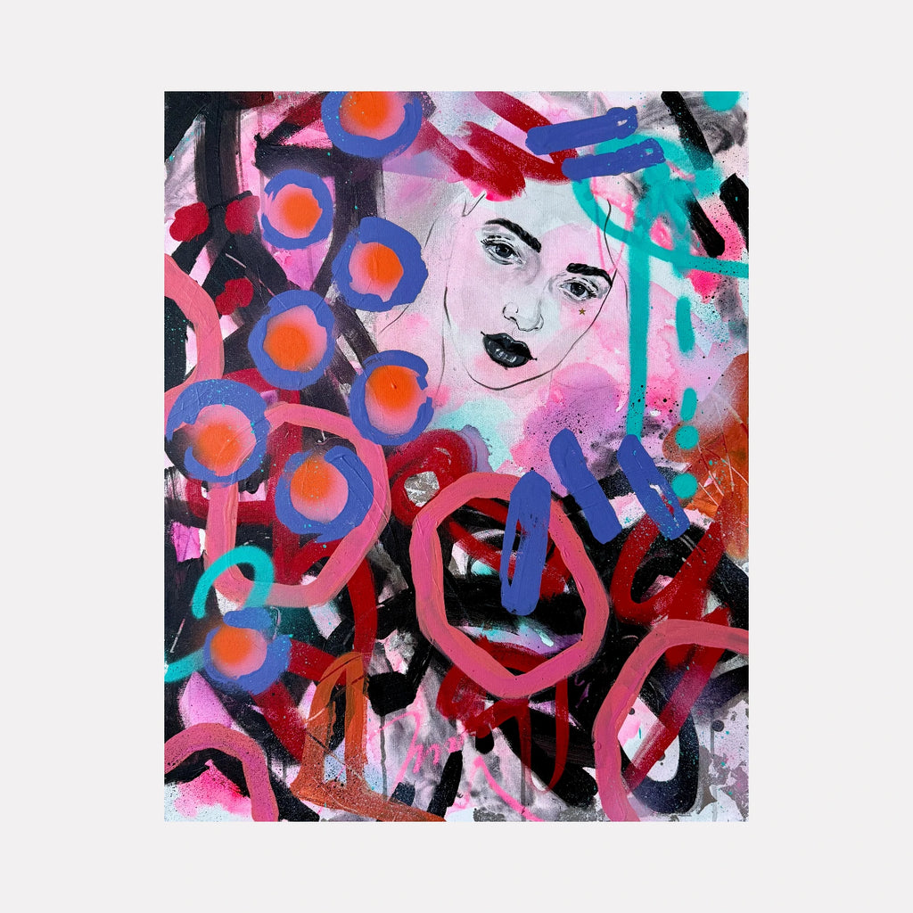 From Stars To Star Dust by Chanelle René is a Curina art piece featuring a delicate, sketch-like female face emerging from a vibrant abstract background of bold pink, red, blue, and black shapes, blending ethereal portraiture with dynamic color and texture.