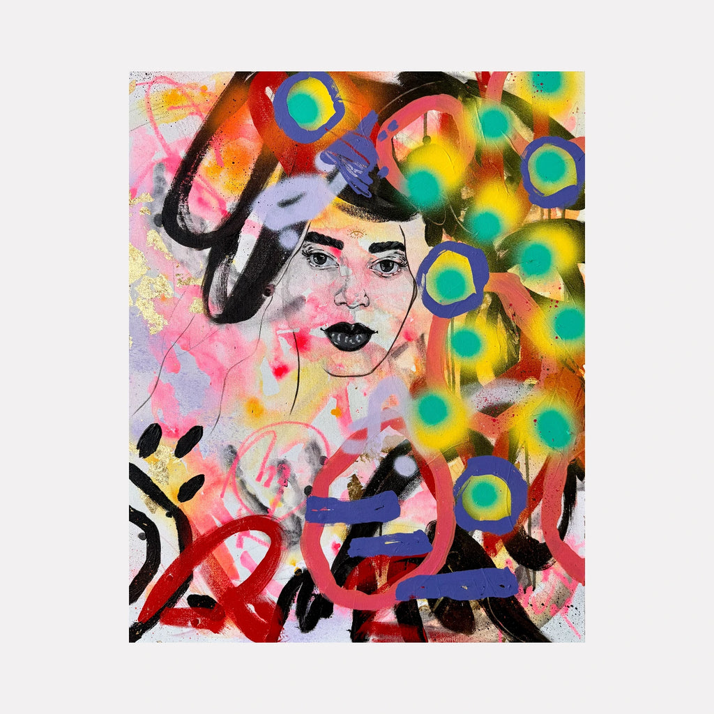 Glow Up by Chanelle René captures a bold portrait of a face amidst vibrant abstract shapes and bursts of yellow and green, blending dynamic graffiti elements with modern Curina art style to create an energetic and expressive composition.