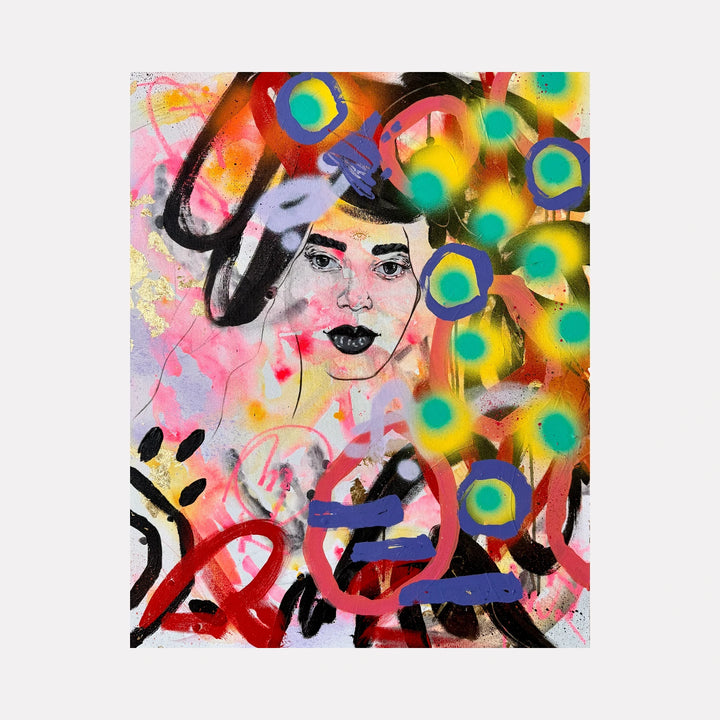 Glow Up by Chanelle René captures a bold portrait of a face amidst vibrant abstract shapes and bursts of yellow and green, blending dynamic graffiti elements with modern Curina art style to create an energetic and expressive composition.
