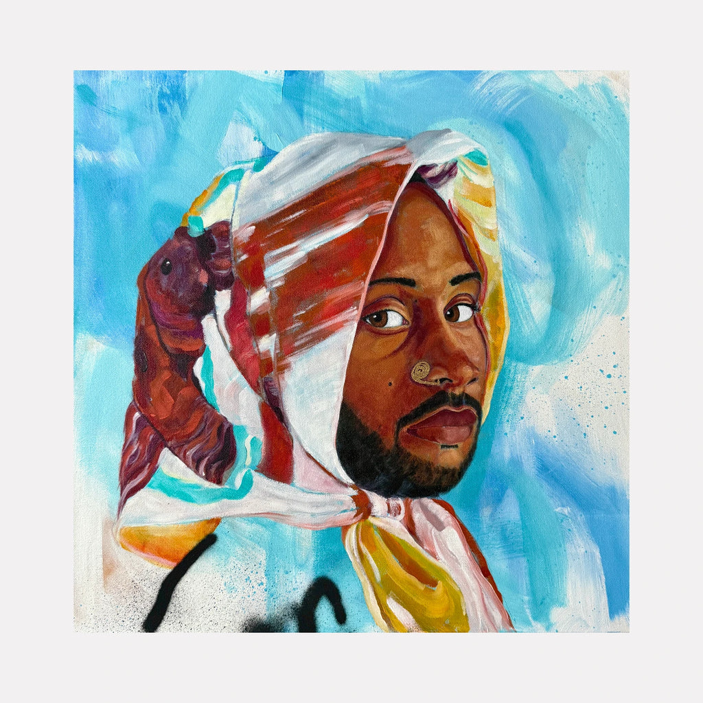Boundless Soul by Chanelle René is a Curina art piece depicting a reflective Black man wearing a colorful striped headscarf against a swirling blue and white background, merging realistic portraiture with expressive brushwork and vibrant color contrasts.