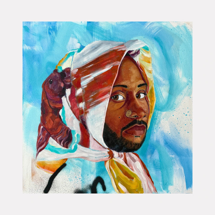 Boundless Soul by Chanelle René is a Curina art piece depicting a reflective Black man wearing a colorful striped headscarf against a swirling blue and white background, merging realistic portraiture with expressive brushwork and vibrant color contrasts.