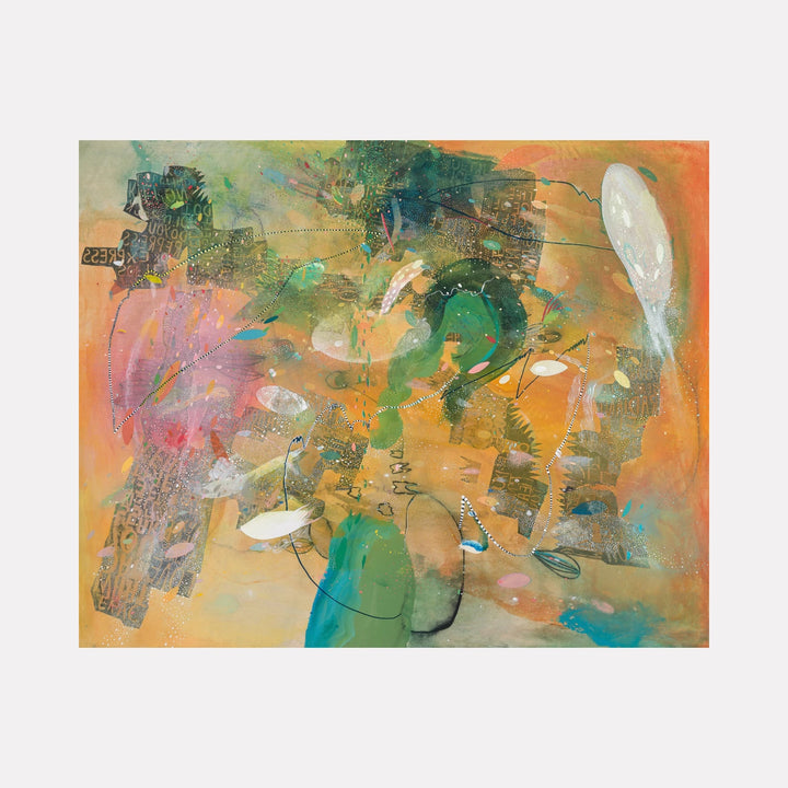 Goldie by Amy Decker is a Curina art piece blending warm golden, green, and soft pink tones with abstract shapes and textured brushstrokes, creating a vibrant, layered composition that evokes a sense of movement and organic complexity.