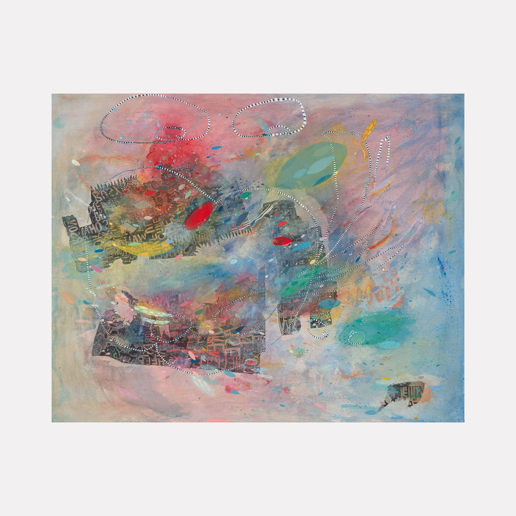 Pinky by Amy Decker is a Curina art piece blending soft pink, blue, and green hues with abstract shapes and delicate white dotted patterns, creating a dreamy, textured composition that evokes fluidity and ethereal movement in a vibrant, layered abstract style.