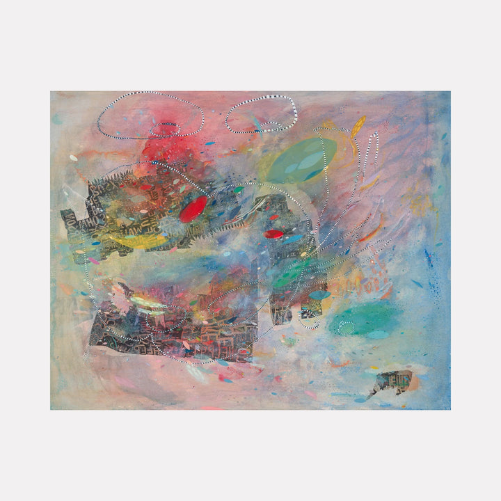 Pinky by Amy Decker is a Curina art piece blending soft pink, blue, and green hues with abstract shapes and delicate white dotted patterns, creating a dreamy, textured composition that evokes fluidity and ethereal movement in a vibrant, layered abstract style.