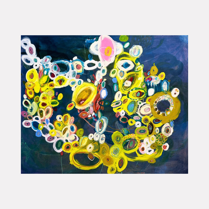 The Obvious Child by Amy Decker is a Curina art piece featuring vibrant yellow and white circular forms layered over deep blue and purple shades, creating a dynamic abstract composition full of energy and playful movement with textured brushstrokes and colorful accents.