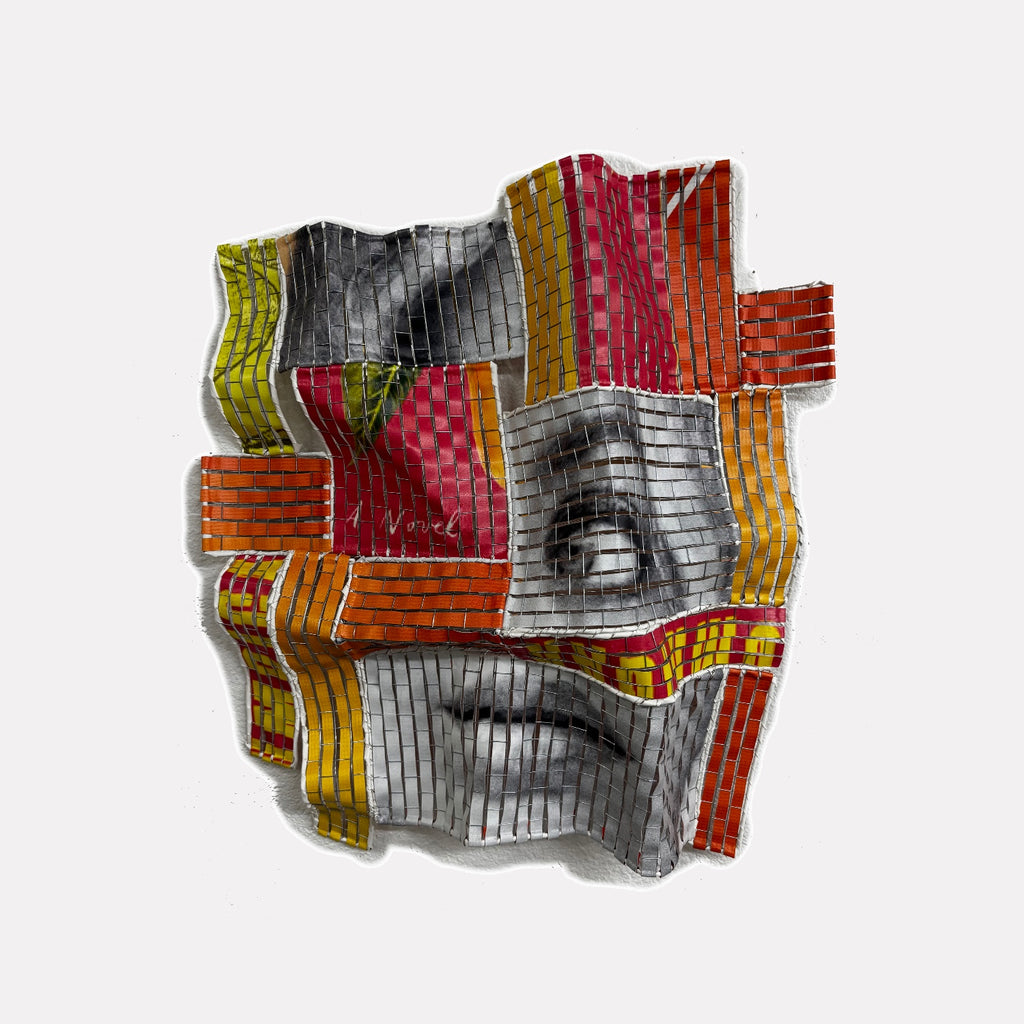A Novel Idea by Shelley Heffler is a Curina art piece featuring a fragmented abstract face intertwined with textured, colorful grid patterns in shades of red, orange, yellow, and gray, evoking a complex and innovative visual narrative.