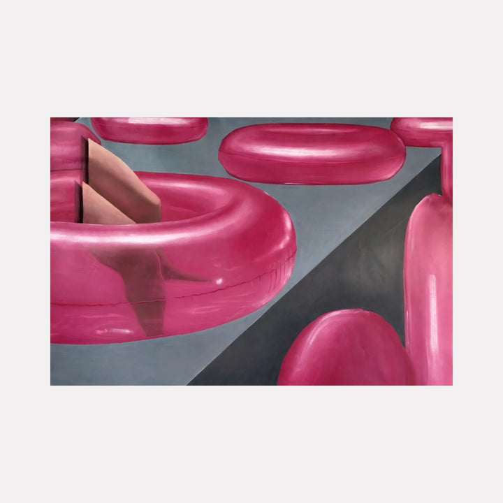 Almost Gone by Anastasia Korsakova is a contemporary art piece featuring large, glossy, pink ring shapes floating against a geometric gray background, creating a striking composition that evokes themes of abstraction and spatial interplay.
