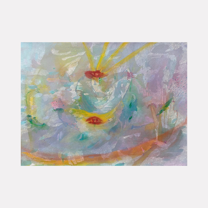 Double Sunrise by Amy Decker is a Curina art piece featuring soft, dreamy layers of pastel blues, pinks, and yellows with abstract floral and sunburst forms blending delicate brushstrokes for a serene, ethereal composition evoking early morning light.
