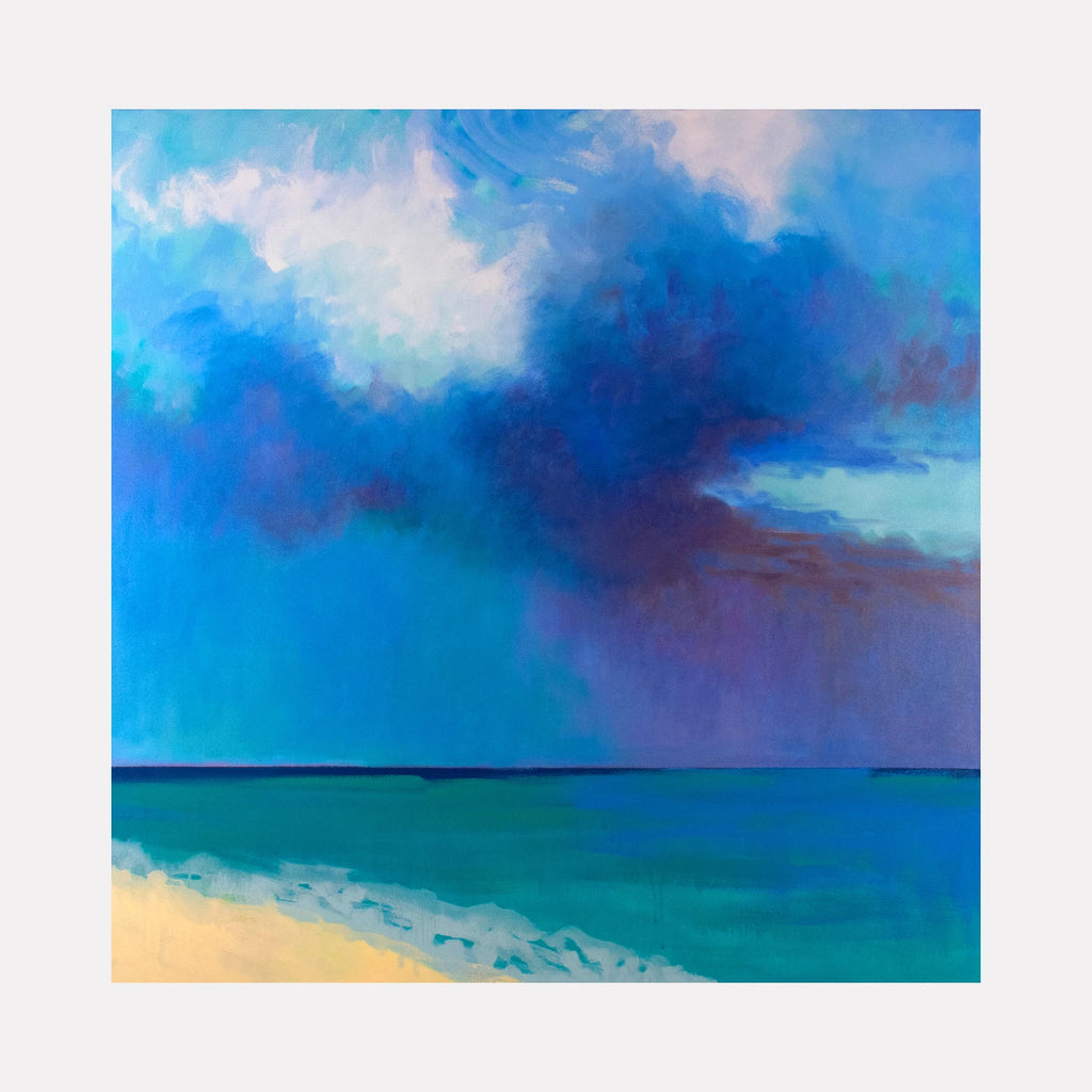 Atlantic Squall by Melanie Kozol is a Curina art piece depicting a turbulent seascape with deep blue and purple storm clouds gathering above a calm turquoise ocean and sandy shore, blending dramatic weather with serene coastal colors in an evocative abstract style.