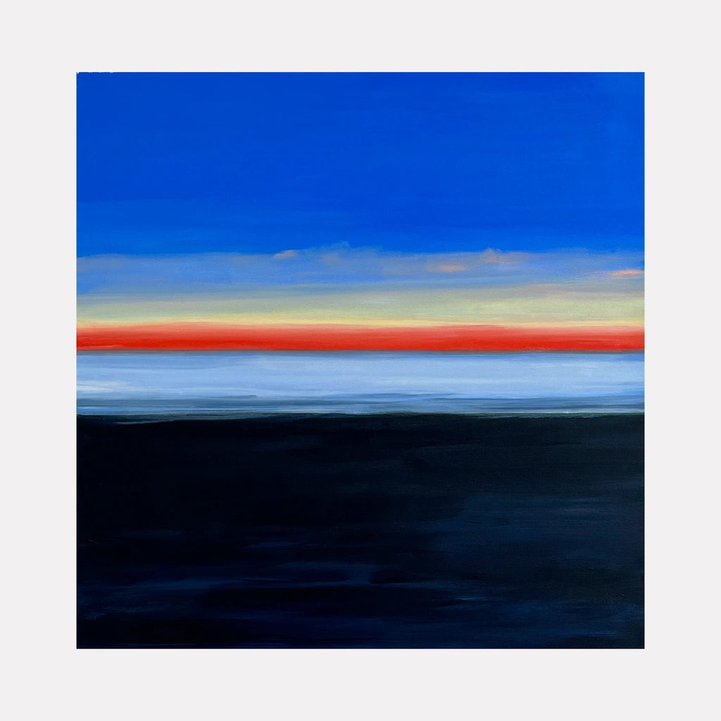 After Glow by Benna Holden is a Curina art piece featuring a bold horizontal composition with deep navy and black tones beneath a vibrant blue sky, accented by a striking band of red-orange and soft yellow hues evoking a serene yet dramatic sunset over a calm horizon.