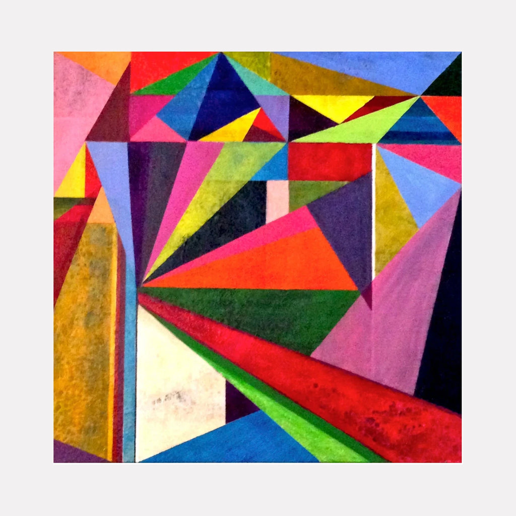 Carnival by Benna Holden is a Curina art piece displaying a lively geometric composition with sharp triangles and bold shapes in vivid colors like red, green, purple, and blue, evoking a festive and dynamic energy through abstract design.