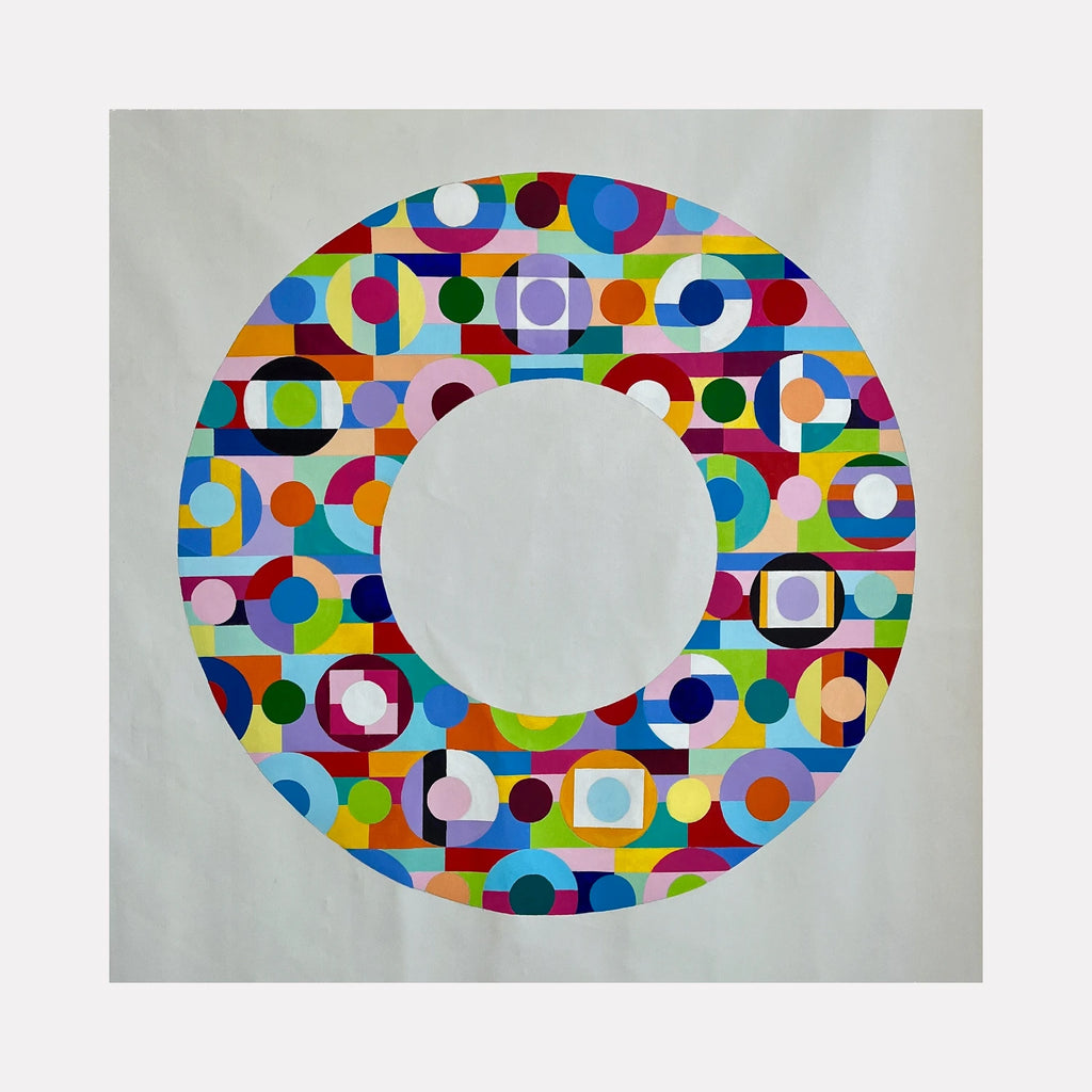 Color Wheel by Benna Holden is a Curina art piece featuring a vibrant circular arrangement of multicolored geometric shapes and patterns, combining bold circles and squares in a dynamic composition that celebrates color harmony and abstract design.
