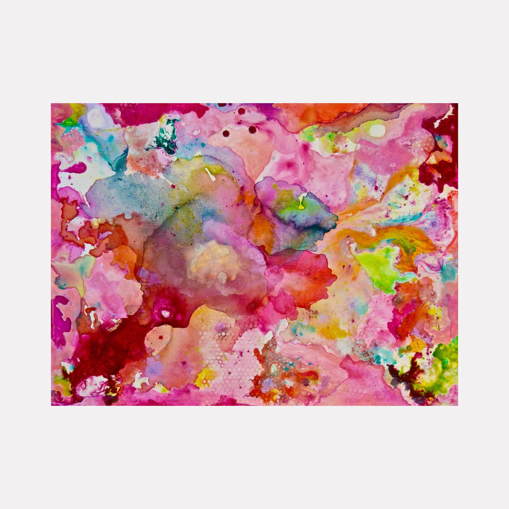 Inner Light by Benna Holden is a Curina art piece featuring an energetic abstract composition with vibrant bursts of pink, red, green, and orange blending in fluid patterns, evoking warmth and movement through dynamic brushwork and layered textures.